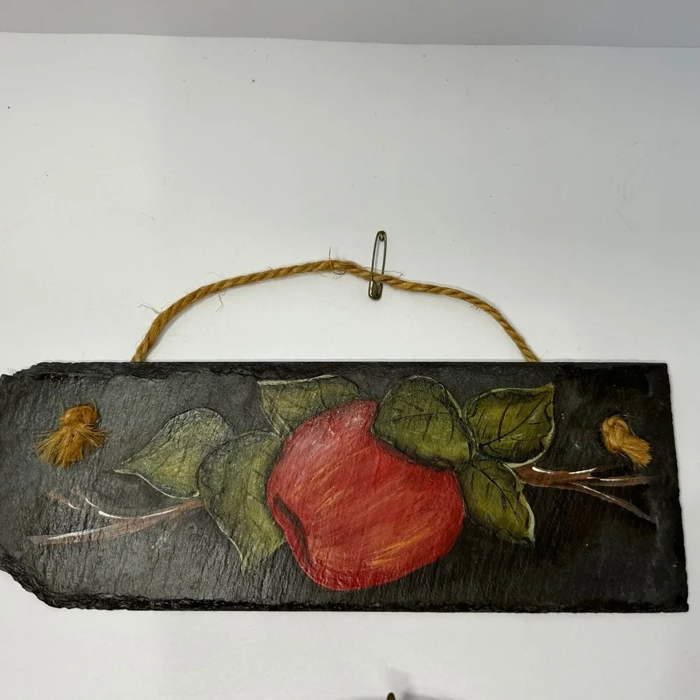 Hand Painted Slate Apple Wall Hanging Decor Set of‎ 2 Home Decor Cute Art